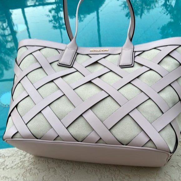 Michael Kors Sienna Large Tote Shoulder Bag Powder Blush Leather Canvas - Picture 5 of 16